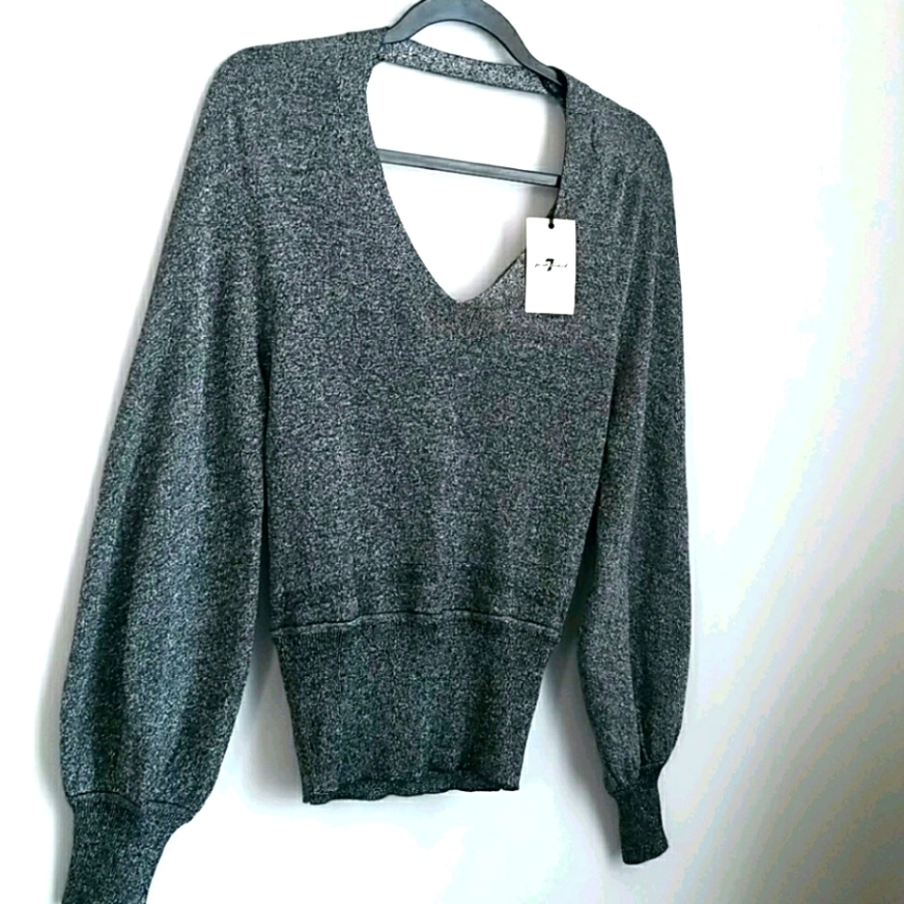 Silver Metallic V Neck puff sleeve sweater